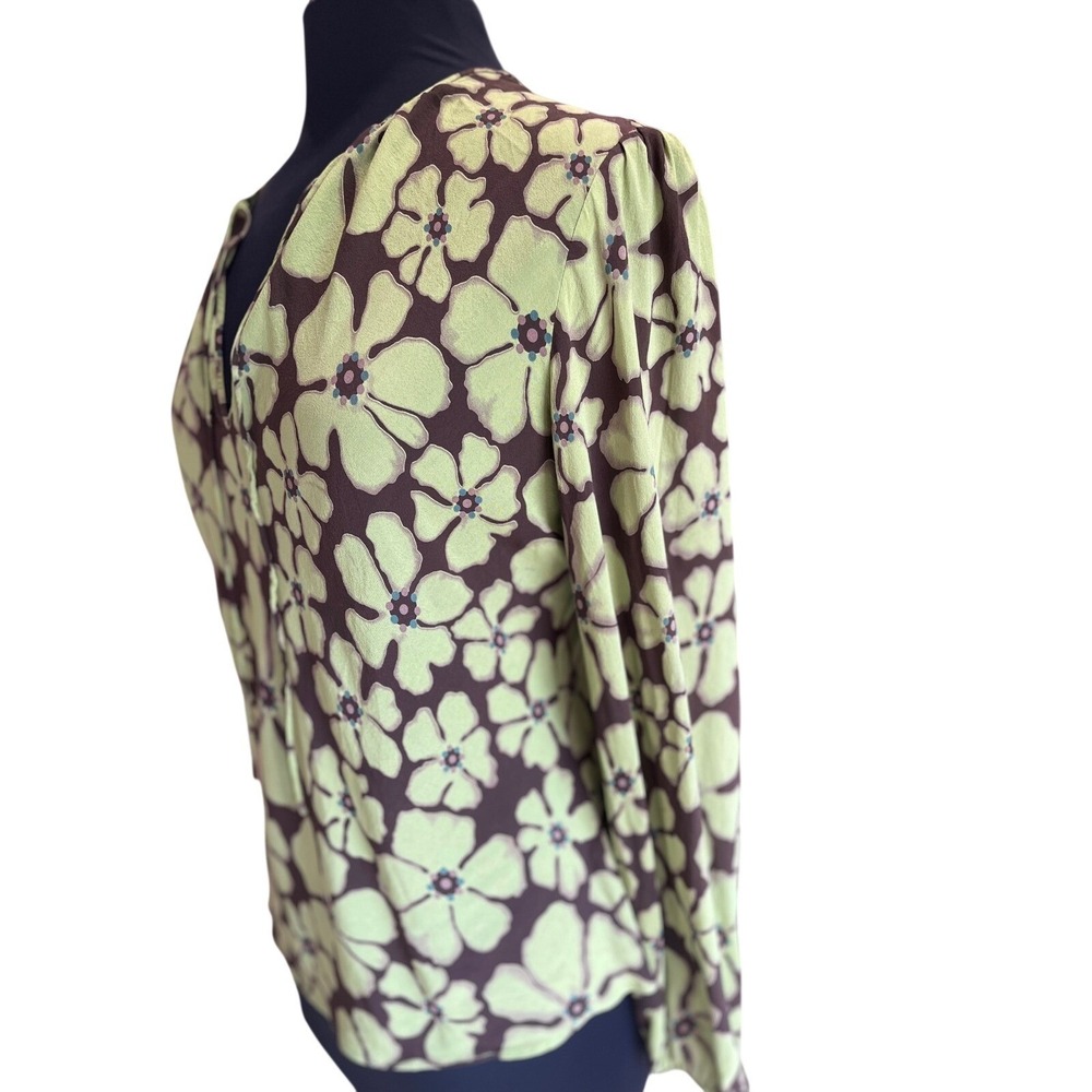 Retro Floral V-Neck Tie Front Blouse Lime Green Brown Long Sleeve Top - Picture 6 of 11